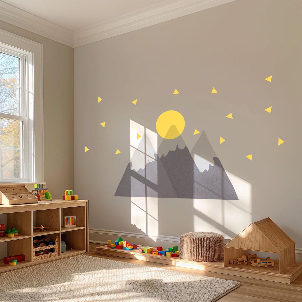 Mountain Wall Stickers, Adventure Nursery Decor, Grey Mountain Sun Wall Decals, Scandi Boys Kids Room Baby Peel and Stick Wall Art