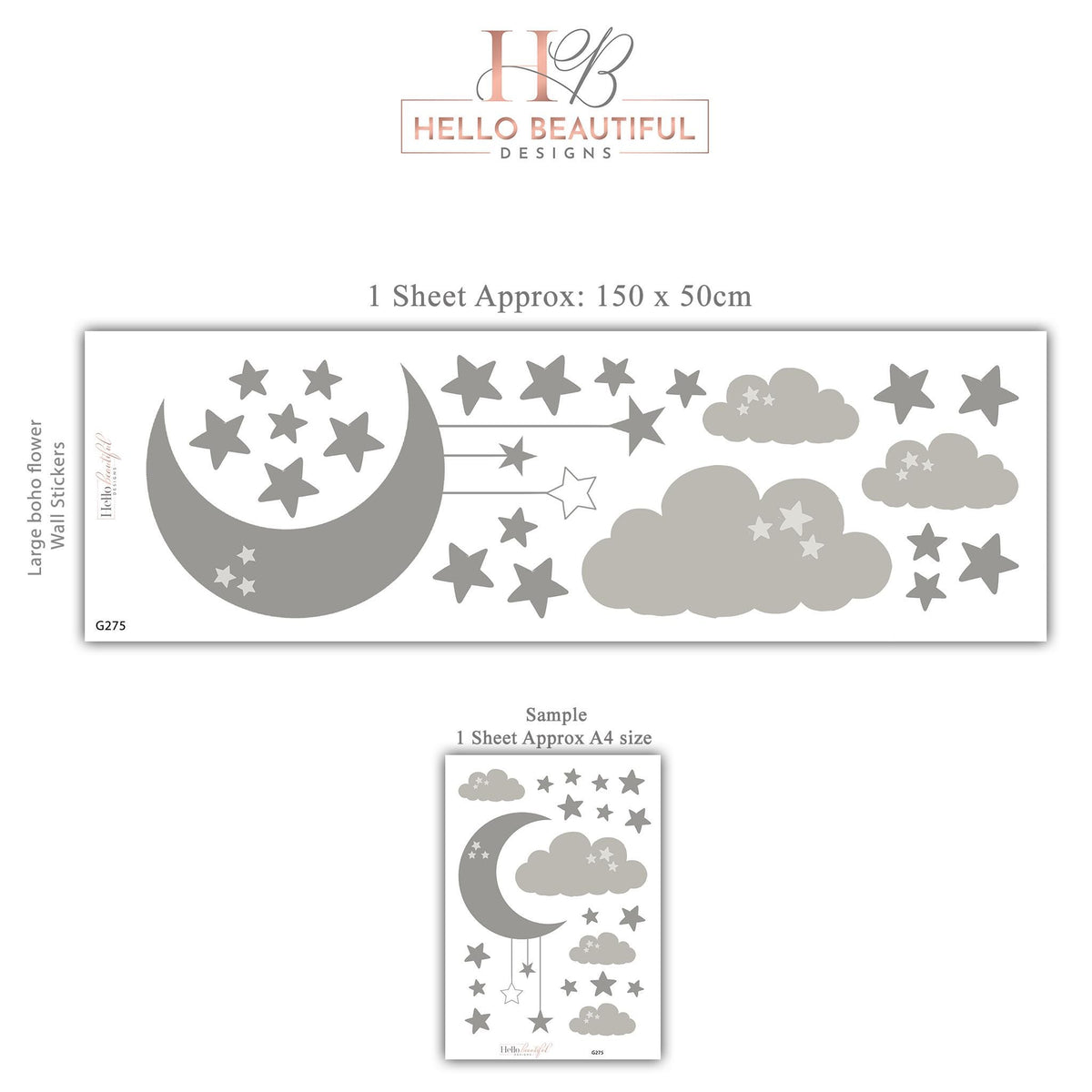 Moon and Stars Wall Stickers, Cloud Nursery Decor, Grey Celestial Wall Decals, Gender Neutral Kids Room Baby Peel and Stick Wall Art
