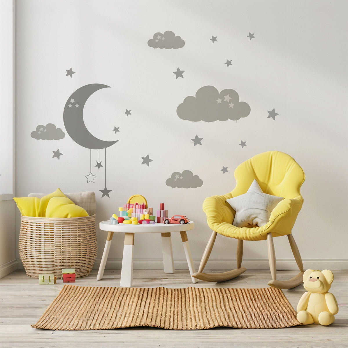 Moon and Stars Wall Stickers, Cloud Nursery Decor, Grey Celestial Wall Decals, Gender Neutral Kids Room Baby Peel and Stick Wall Art