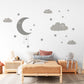 Moon and Stars Wall Stickers, Cloud Nursery Decor, Grey Celestial Wall Decals, Gender Neutral Kids Room Baby Peel and Stick Wall Art