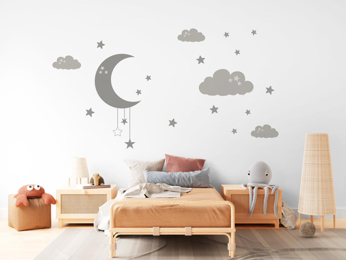 Moon and Stars Wall Stickers, Cloud Nursery Decor, Grey Celestial Wall Decals, Gender Neutral Kids Room Baby Peel and Stick Wall Art