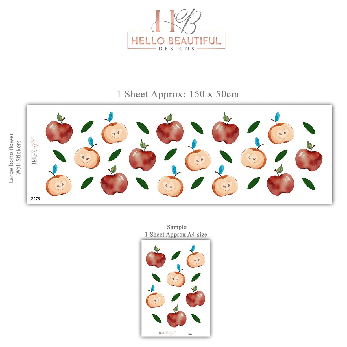 Apple Wall Stickers, Red Apple Nursery Decor, Watercolour Fruit Wall Decals, Kids Room Kitchen Playroom Peel and Stick Wall Art