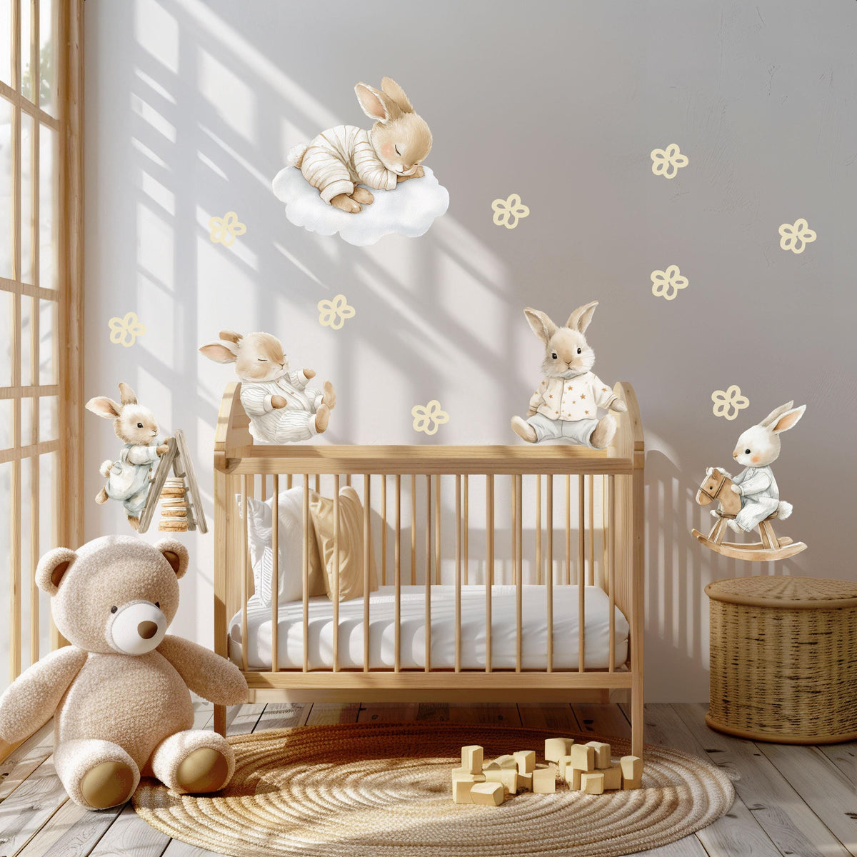 Bunny Wall Stickers, Vintage Bunny Nursery Decor, Sleepy Rabbit Cloud Wall Decals, Neutral Kids Room Baby Peel and Stick Wall Art