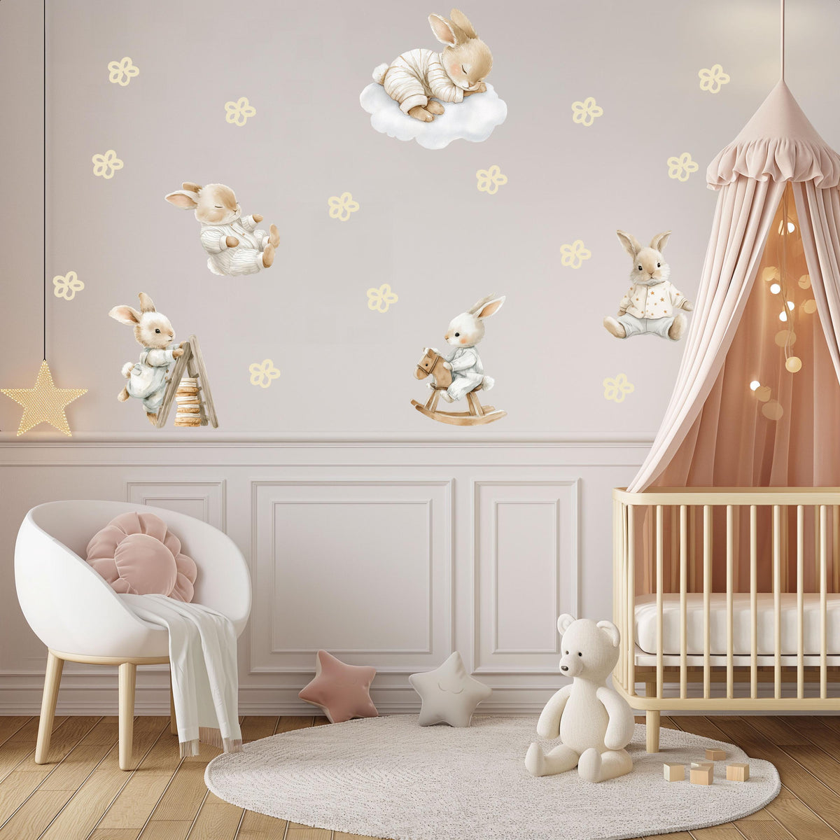 Bunny Wall Stickers, Vintage Bunny Nursery Decor, Sleepy Rabbit Cloud Wall Decals, Neutral Kids Room Baby Peel and Stick Wall Art