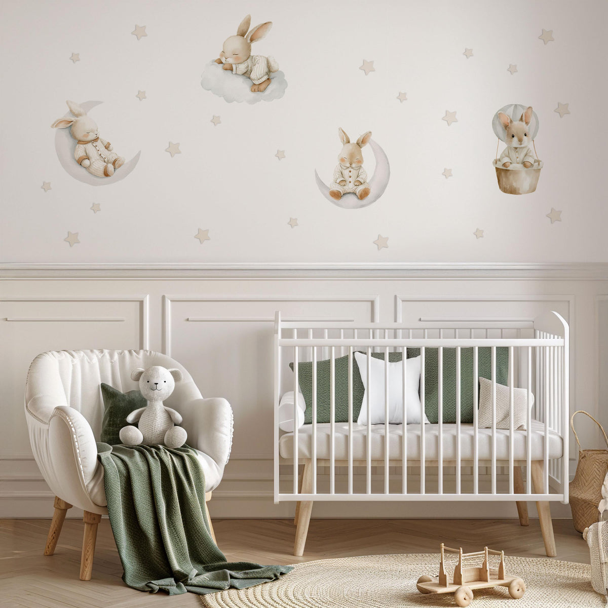 Bunny Wall Stickers, Sleepy Bunny Nursery Decor, Moon Star Rabbit Hot Air Balloon Wall Decals, Neutral Kids Room Peel and Stick Wall Art