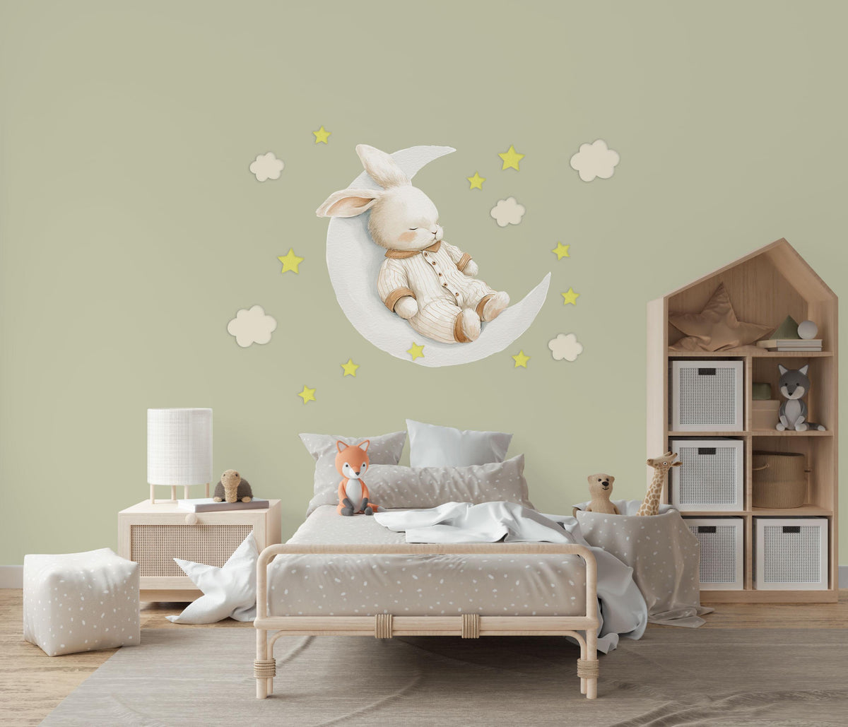 Bunny Wall Stickers, Sleepy Bunny on Moon Nursery Decor, Star Cloud Wall Decals, Neutral Kids Room Baby Goodnight Peel and Stick Art