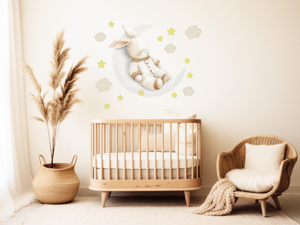 Bunny Wall Stickers, Sleepy Bunny on Moon Nursery Decor, Star Cloud Wall Decals, Neutral Kids Room Baby Goodnight Peel and Stick Art