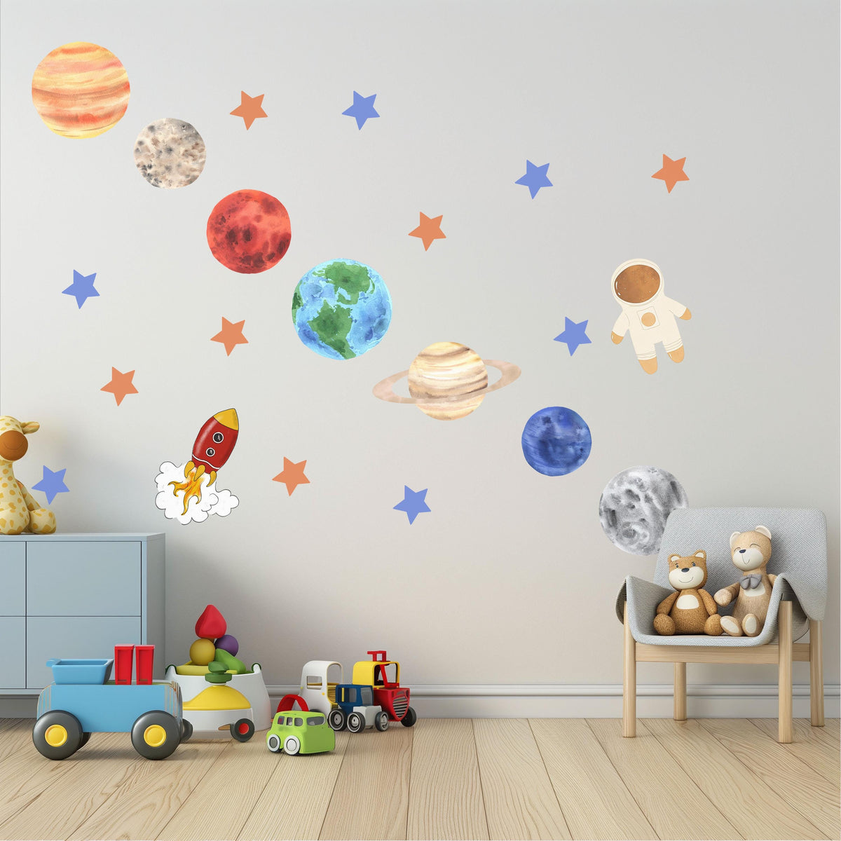 Planet Wall Stickers, Solar System Nursery Decor, Space Rocket Astronaut Wall Decals, Boys Kids Room Educational Peel and Stick Art