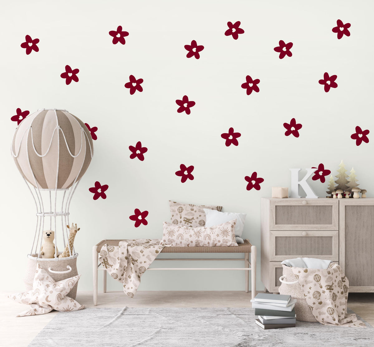 Flower Wall Stickers, Burgundy Daisy Nursery Decor, Retro Floral Wall Decals, Girls Kids Room Baby Scandi Peel and Stick Wall Art