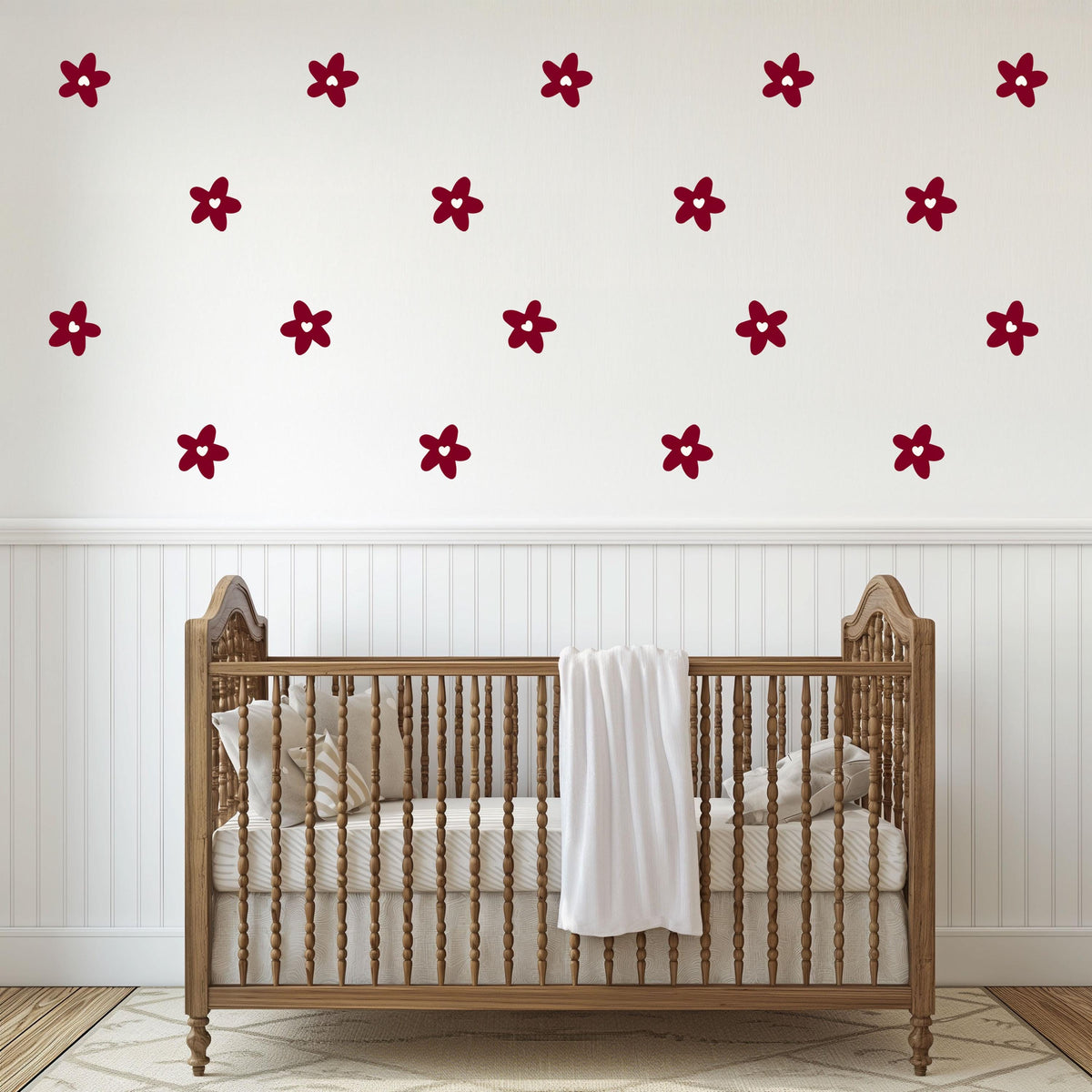 Flower Wall Stickers, Burgundy Daisy Nursery Decor, Retro Floral Wall Decals, Girls Kids Room Baby Scandi Peel and Stick Wall Art