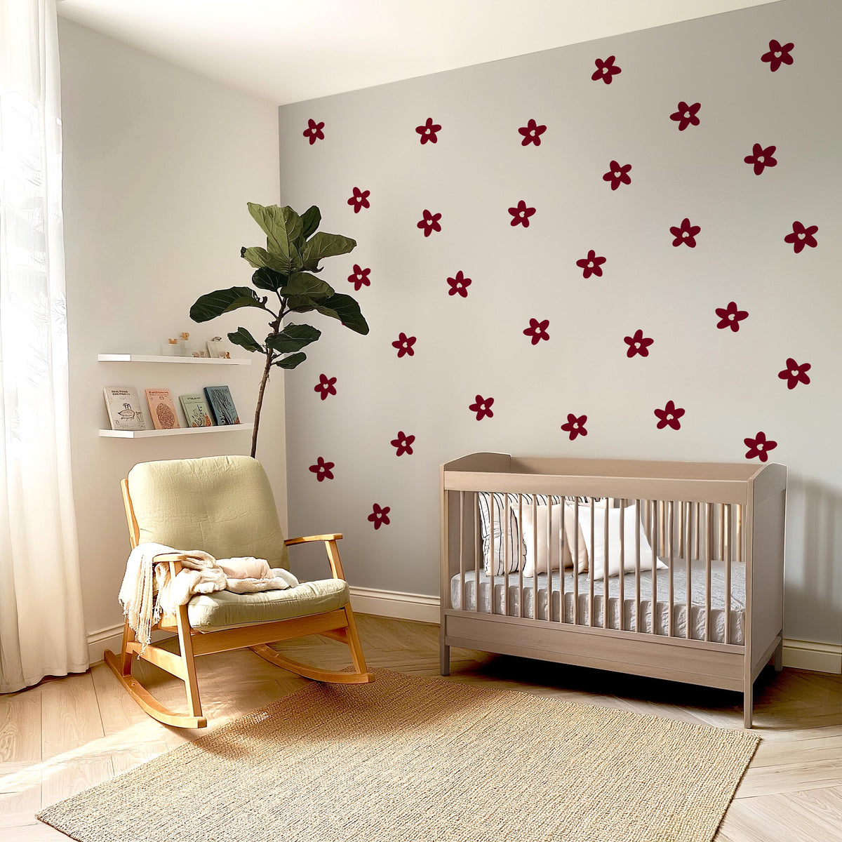 Flower Wall Stickers, Burgundy Daisy Nursery Decor, Retro Floral Wall Decals, Girls Kids Room Baby Scandi Peel and Stick Wall Art
