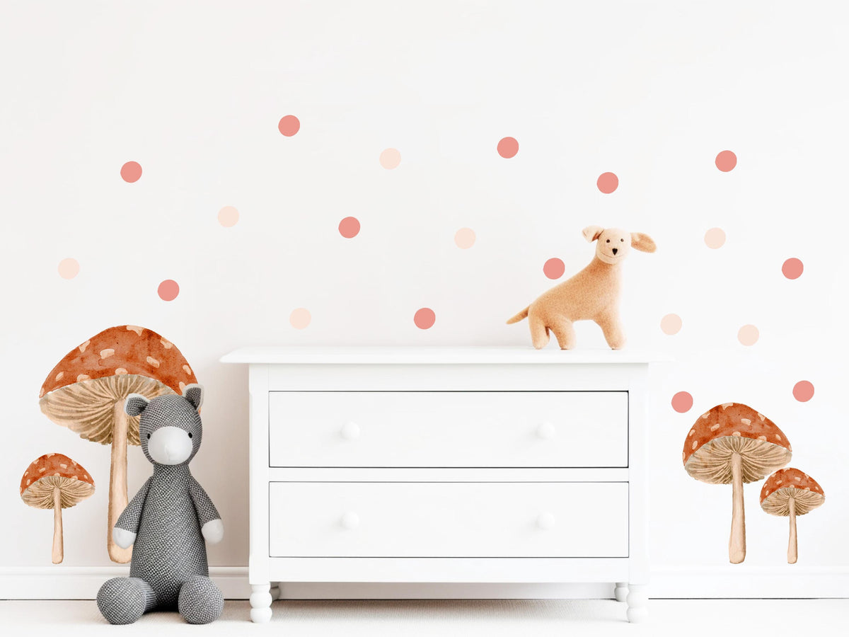 Mushroom Wall Stickers, Boho Toadstool Nursery Decor, Pink Dot Mushroom Wall Decals, Girls Kids Room Baby Peel and Stick Wall Art