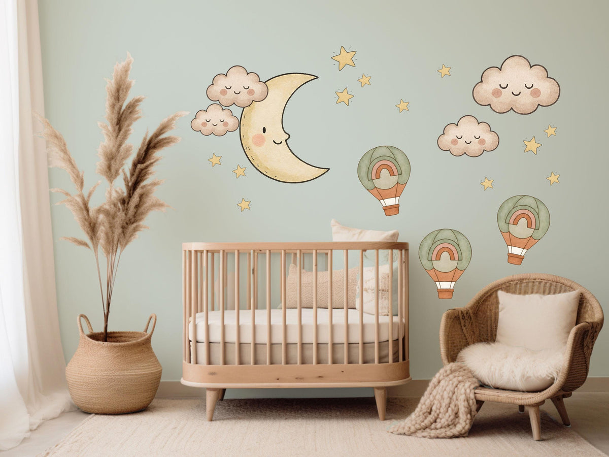 Moon and Stars Wall Stickers, Cloud Hot Air Balloon Nursery Decor, Boho Sky Wall Decals, Gender Neutral Kids Room Peel and Stick Art