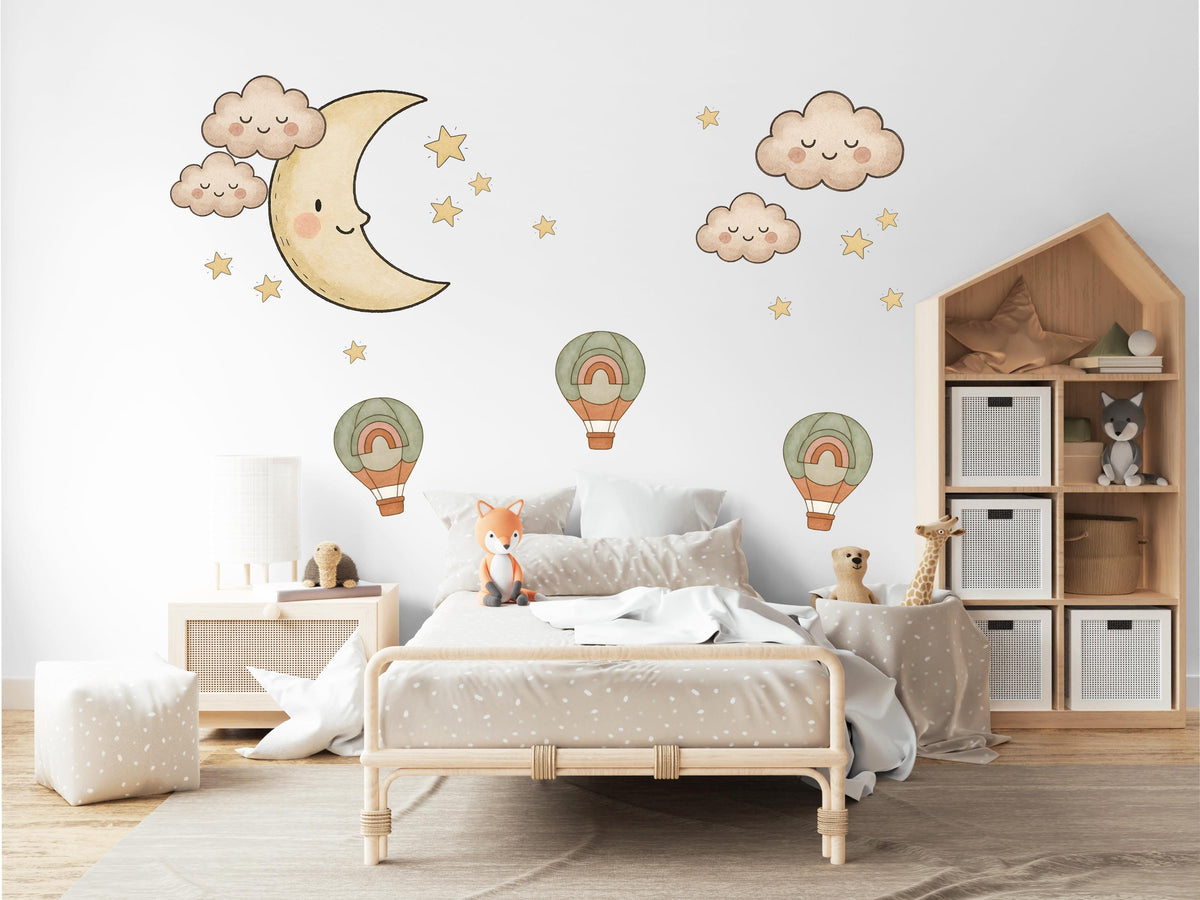 Moon and Stars Wall Stickers, Cloud Hot Air Balloon Nursery Decor, Boho Sky Wall Decals, Gender Neutral Kids Room Peel and Stick Art