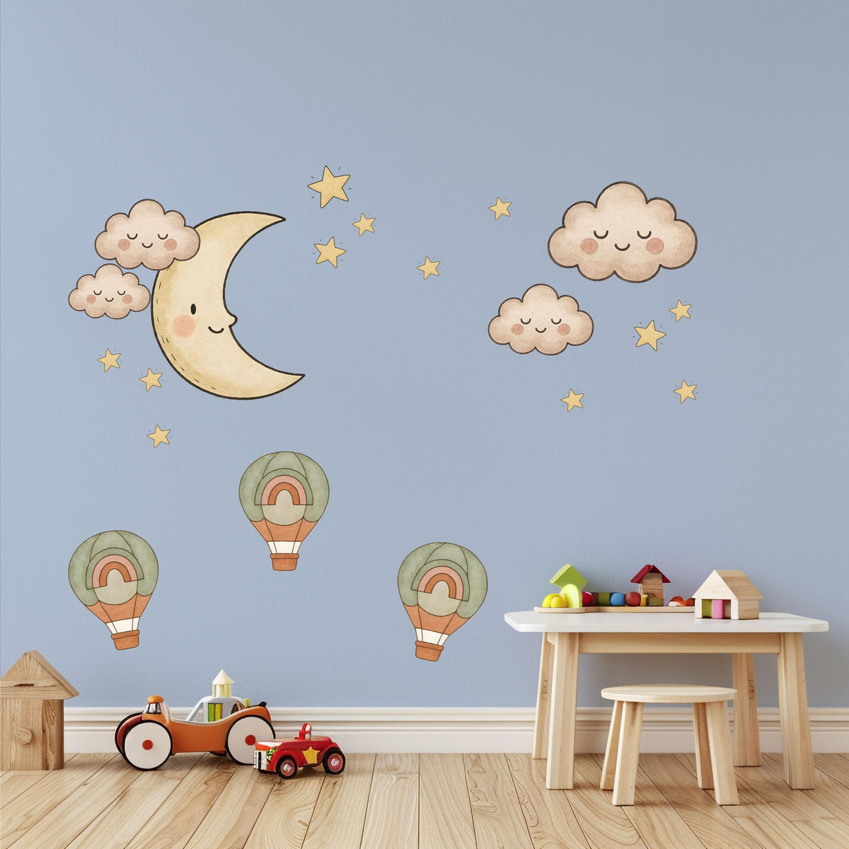 Moon and Stars Wall Stickers, Cloud Hot Air Balloon Nursery Decor, Boho Sky Wall Decals, Gender Neutral Kids Room Peel and Stick Art