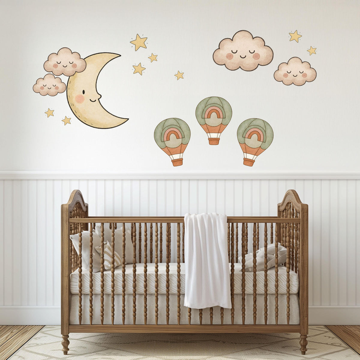 Moon and Stars Wall Stickers, Cloud Hot Air Balloon Nursery Decor, Boho Sky Wall Decals, Gender Neutral Kids Room Peel and Stick Art