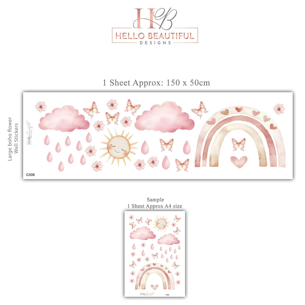 Boho Rainbow Wall Stickers, Pink Sun Cloud Nursery Decor, Butterfly Heart Wall Decals, Girls Kids Room Baby Peel and Stick Wall Art