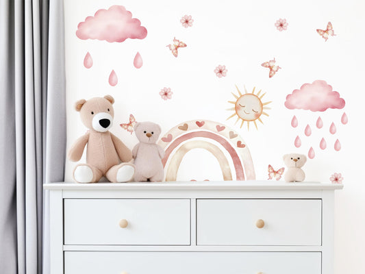 Boho Rainbow Wall Stickers, Pink Sun Cloud Nursery Decor, Butterfly Heart Wall Decals, Girls Kids Room Baby Peel and Stick Wall Art