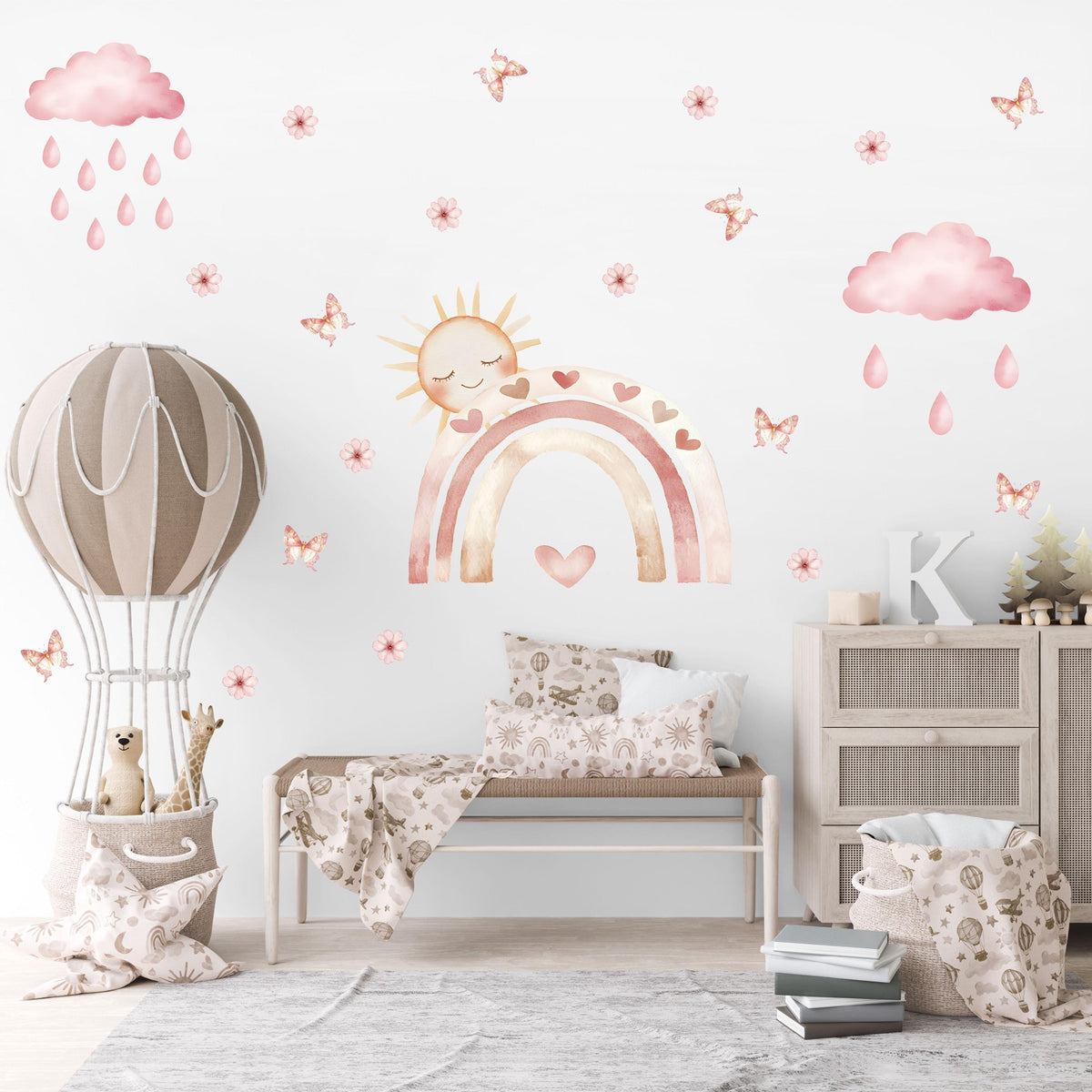 Boho Rainbow Wall Stickers, Pink Sun Cloud Nursery Decor, Butterfly Heart Wall Decals, Girls Kids Room Baby Peel and Stick Wall Art