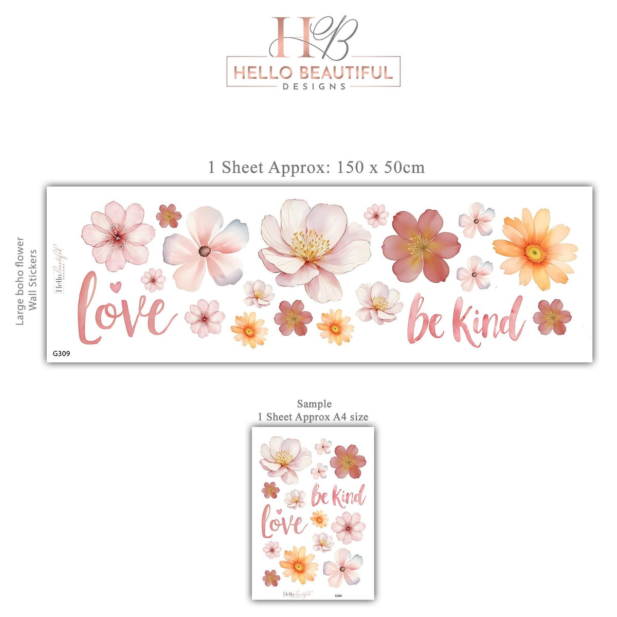 Floral Wall Stickers, Be Kind Love Quote Nursery Decor, Watercolour Flower Wall Decals, Girls Kids Room Baby Peel and Stick Wall Art
