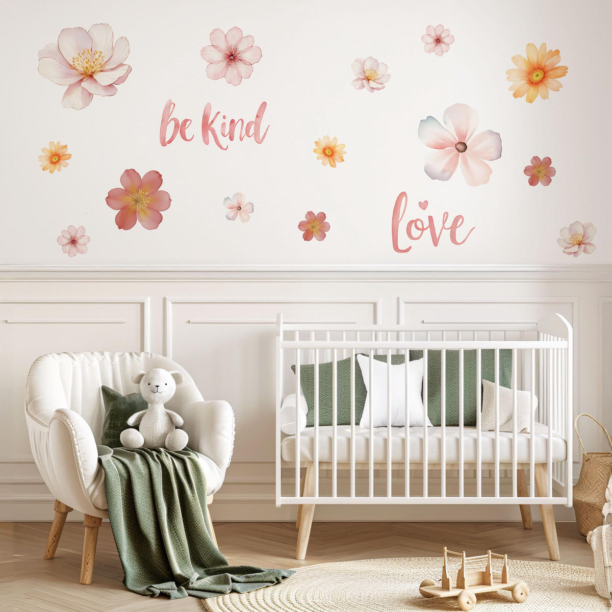 Floral Wall Stickers, Be Kind Love Quote Nursery Decor, Watercolour Flower Wall Decals, Girls Kids Room Baby Peel and Stick Wall Art