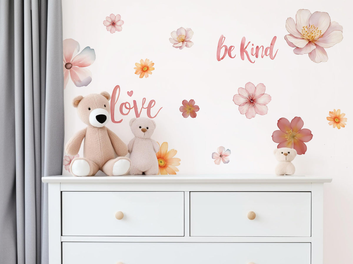 Floral Wall Stickers, Be Kind Love Quote Nursery Decor, Watercolour Flower Wall Decals, Girls Kids Room Baby Peel and Stick Wall Art