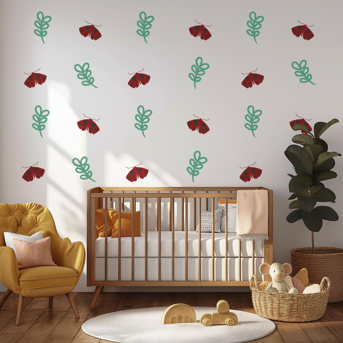 Moth Wall Stickers, Red Moth Leaf Nursery Decor, Botanical Folk Wall Decals, Boho Kids Room Baby Neutral Peel and Stick Wall Art