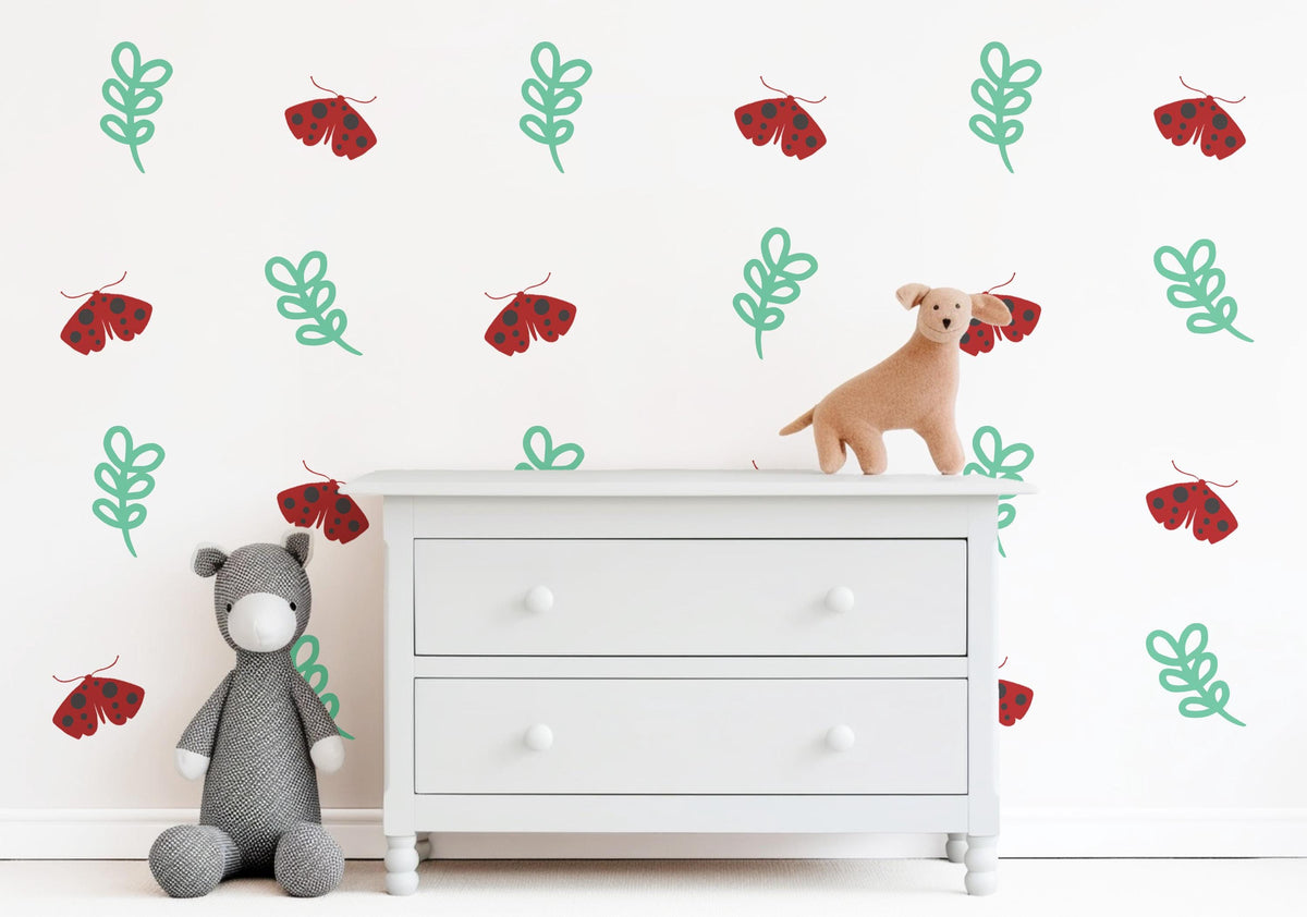 Moth Wall Stickers, Red Moth Leaf Nursery Decor, Botanical Folk Wall Decals, Boho Kids Room Baby Neutral Peel and Stick Wall Art