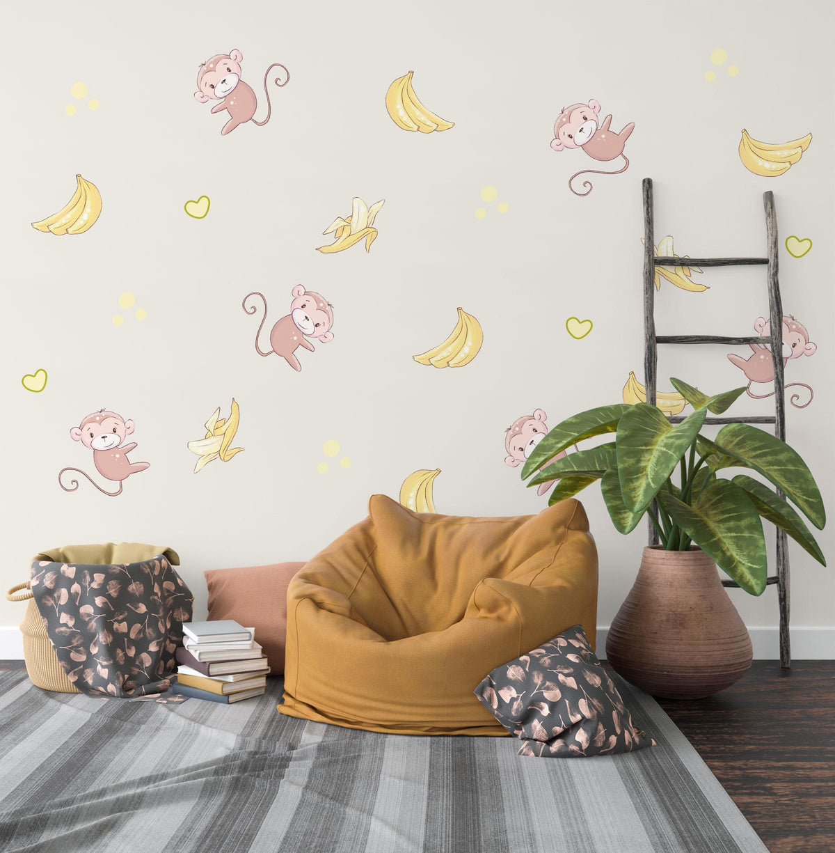 Monkey Wall Stickers, Jungle Monkey and Banana Nursery Decor, Safari Wall Decals, Kids Room, Peel and Stick