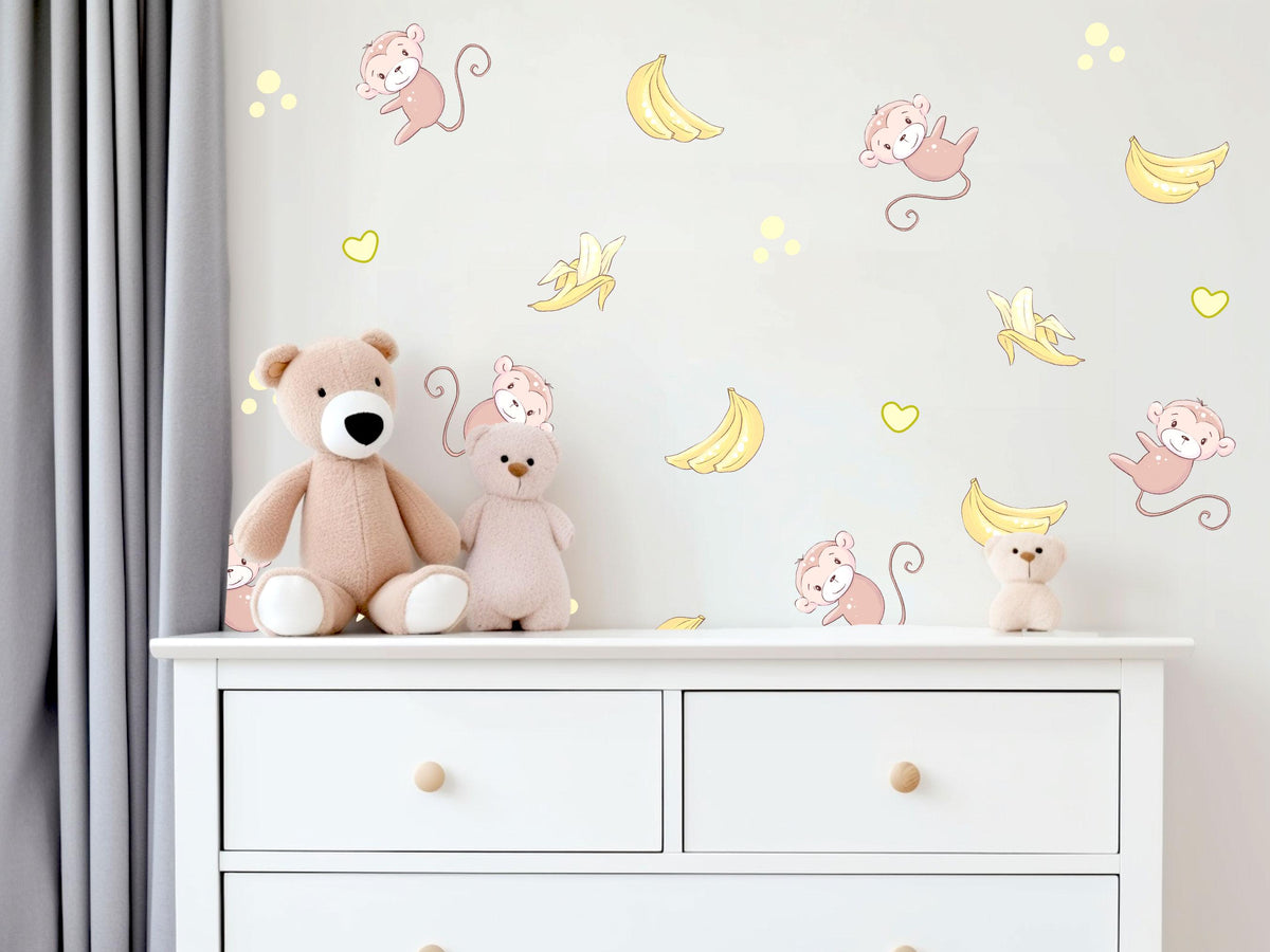 Monkey Wall Stickers, Jungle Monkey and Banana Nursery Decor, Safari Wall Decals, Kids Room, Peel and Stick