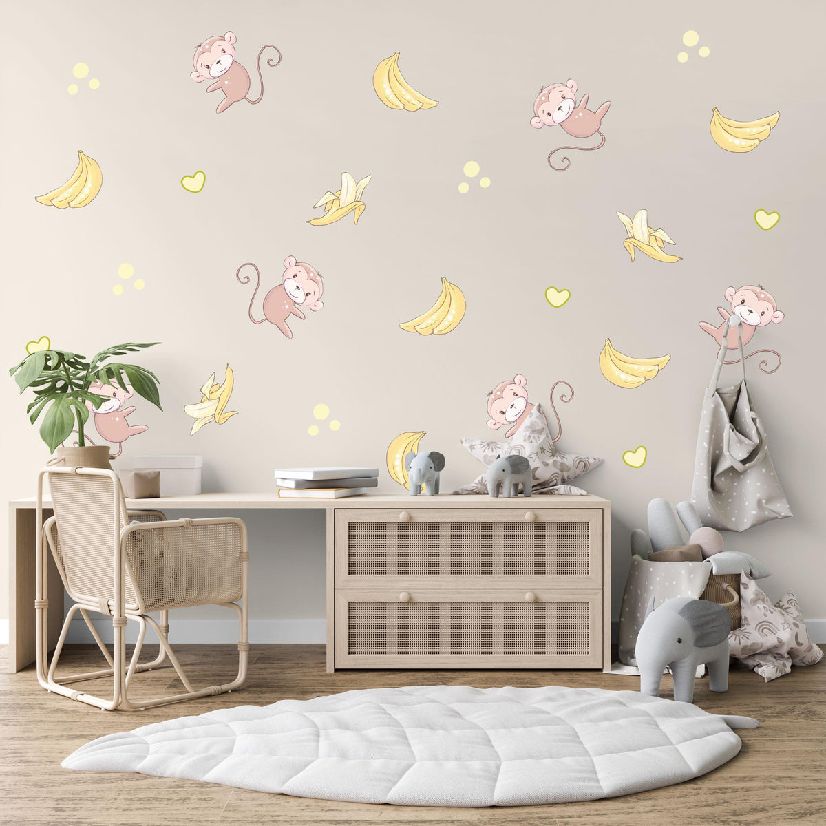 Monkey Wall Stickers, Jungle Monkey and Banana Nursery Decor, Safari Wall Decals, Kids Room, Peel and Stick
