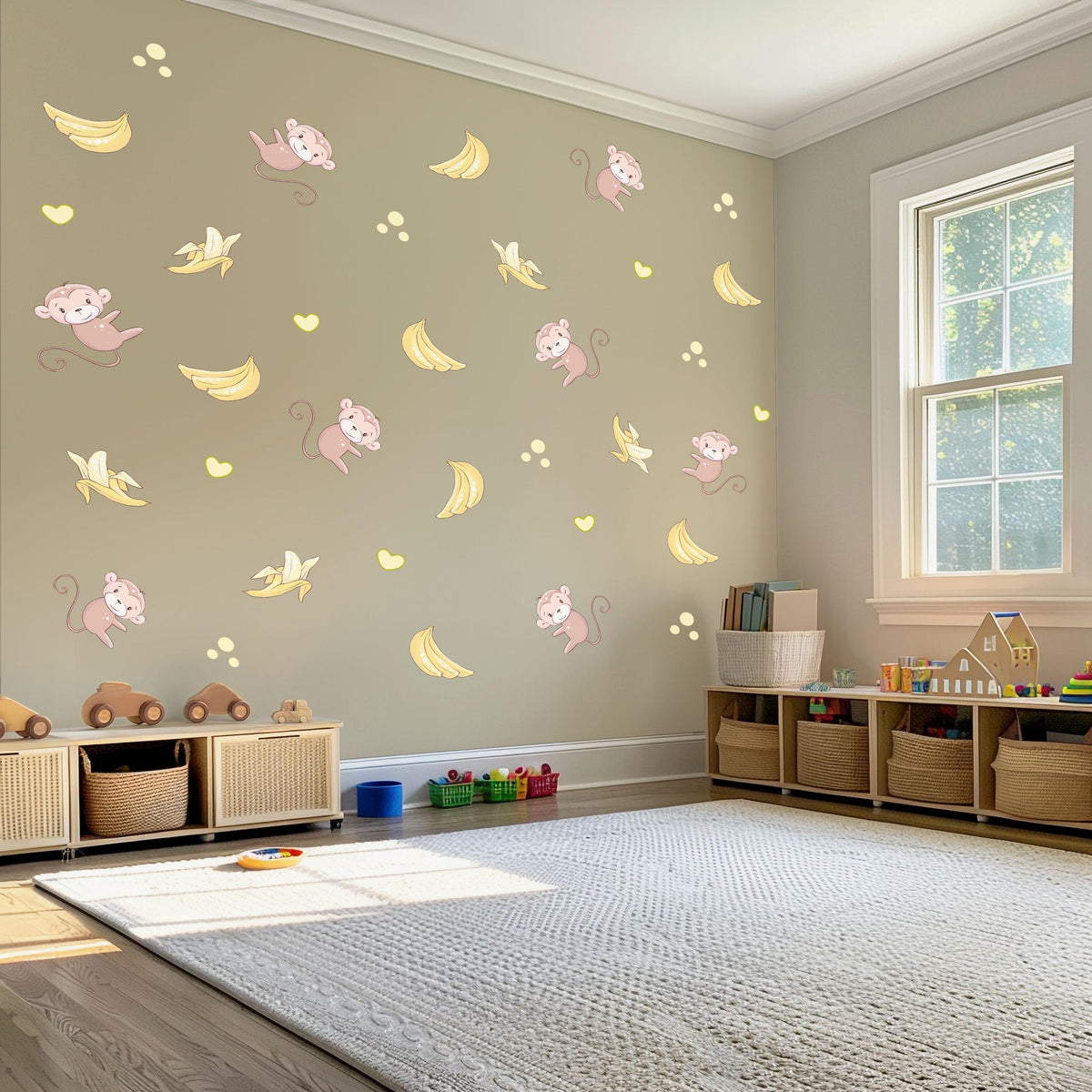 Monkey Wall Stickers, Jungle Monkey and Banana Nursery Decor, Safari Wall Decals, Kids Room, Peel and Stick