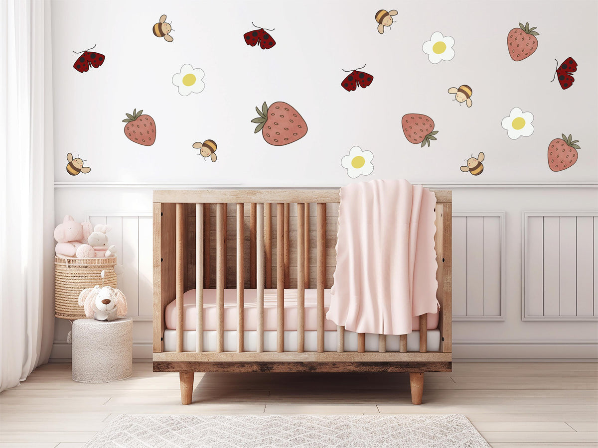 Ladybird Bee and Strawberry Wall Stickers, Garden Nursery Decor, Daisy Wall Decals, Girls Room, Peel and Stick