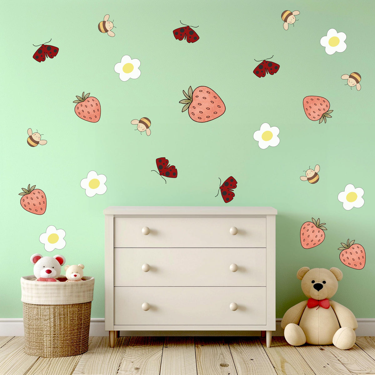 Ladybird Bee and Strawberry Wall Stickers, Garden Nursery Decor, Daisy Wall Decals, Girls Room, Peel and Stick