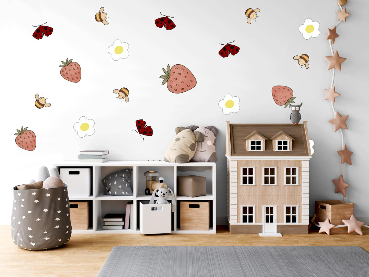 Ladybird Bee and Strawberry Wall Stickers, Garden Nursery Decor, Daisy Wall Decals, Girls Room, Peel and Stick