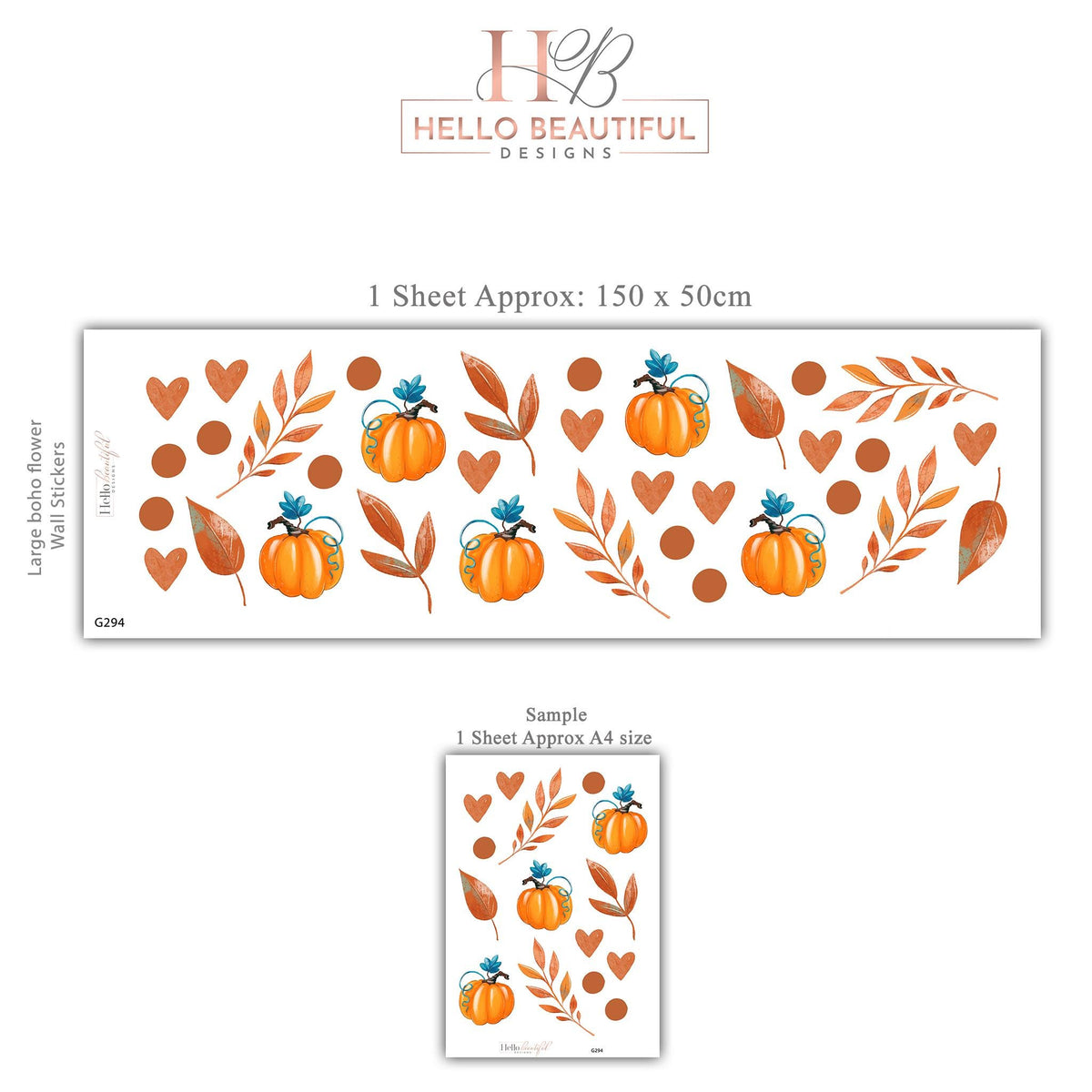 Pumpkin Wall Stickers, Autumn Nursery Decor, Fall Leaves Heart Wall Decals, Kids Room Halloween Boho Neutral Peel and Stick Wall Art