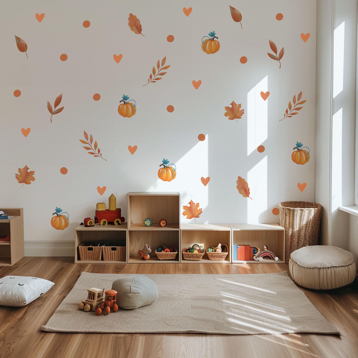 Pumpkin Wall Stickers, Autumn Nursery Decor, Fall Leaves Heart Wall Decals, Kids Room Halloween Boho Neutral Peel and Stick Wall Art