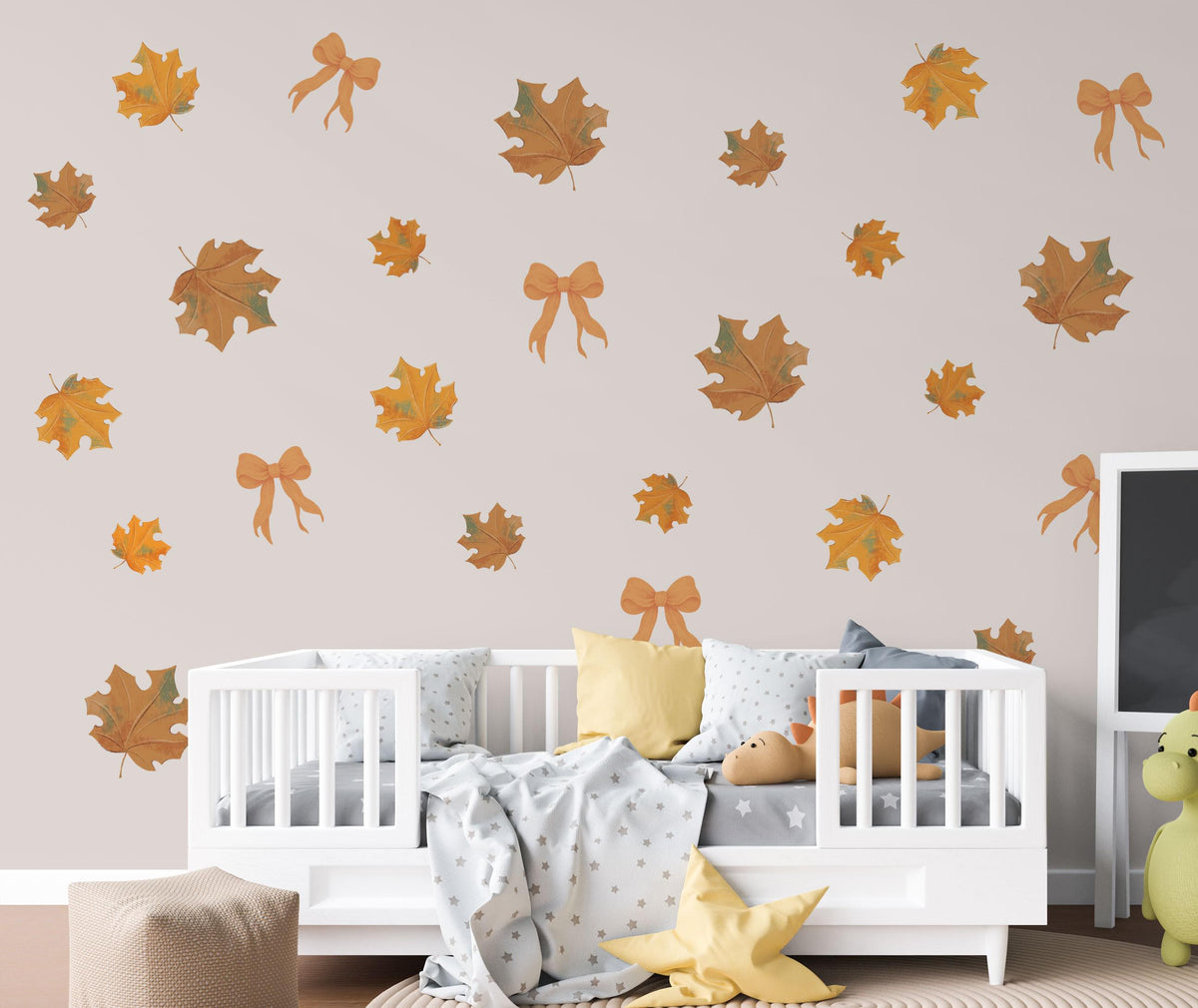 Autumn Leaf Wall Stickers, Fall Leaf Bow Nursery Decor, Maple Leaves Wall Decals, Kids Room Boho Neutral Seasonal Peel and Stick Art