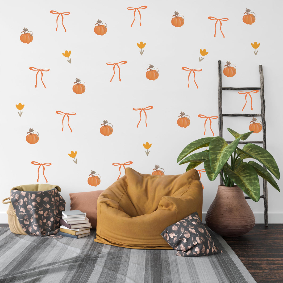 Pumpkin Wall Stickers, Autumn Coquette Nursery Decor, Bow Tulip Pumpkin Wall Decals, Girls Kids Room Baby Seasonal Peel and Stick Art