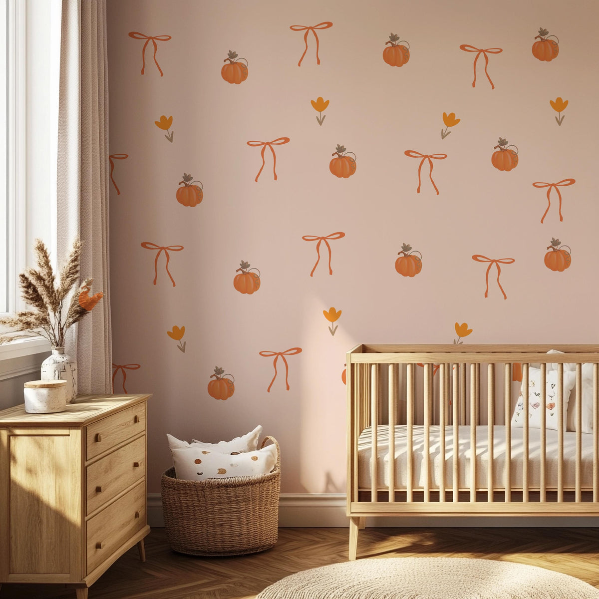 Pumpkin Wall Stickers, Autumn Coquette Nursery Decor, Bow Tulip Pumpkin Wall Decals, Girls Kids Room Baby Seasonal Peel and Stick Art