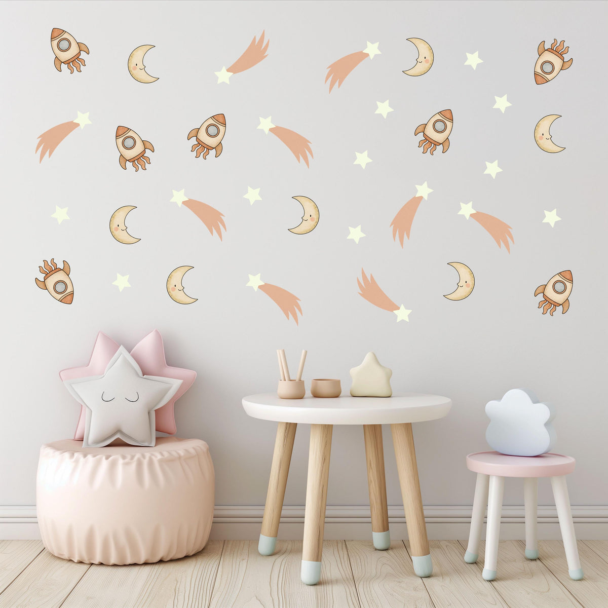 Rocket Wall Stickers, Space Nursery Decor, Moon Star Shooting Star Wall Decals, Boys Kids Room Baby Neutral Peel and Stick Wall Art