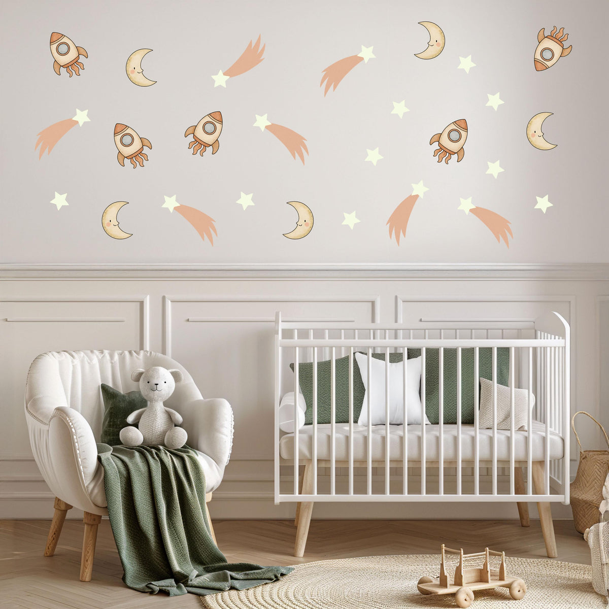 Rocket Wall Stickers, Space Nursery Decor, Moon Star Shooting Star Wall Decals, Boys Kids Room Baby Neutral Peel and Stick Wall Art