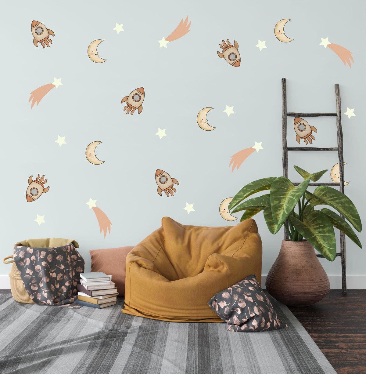 Rocket Wall Stickers, Space Nursery Decor, Moon Star Shooting Star Wall Decals, Boys Kids Room Baby Neutral Peel and Stick Wall Art