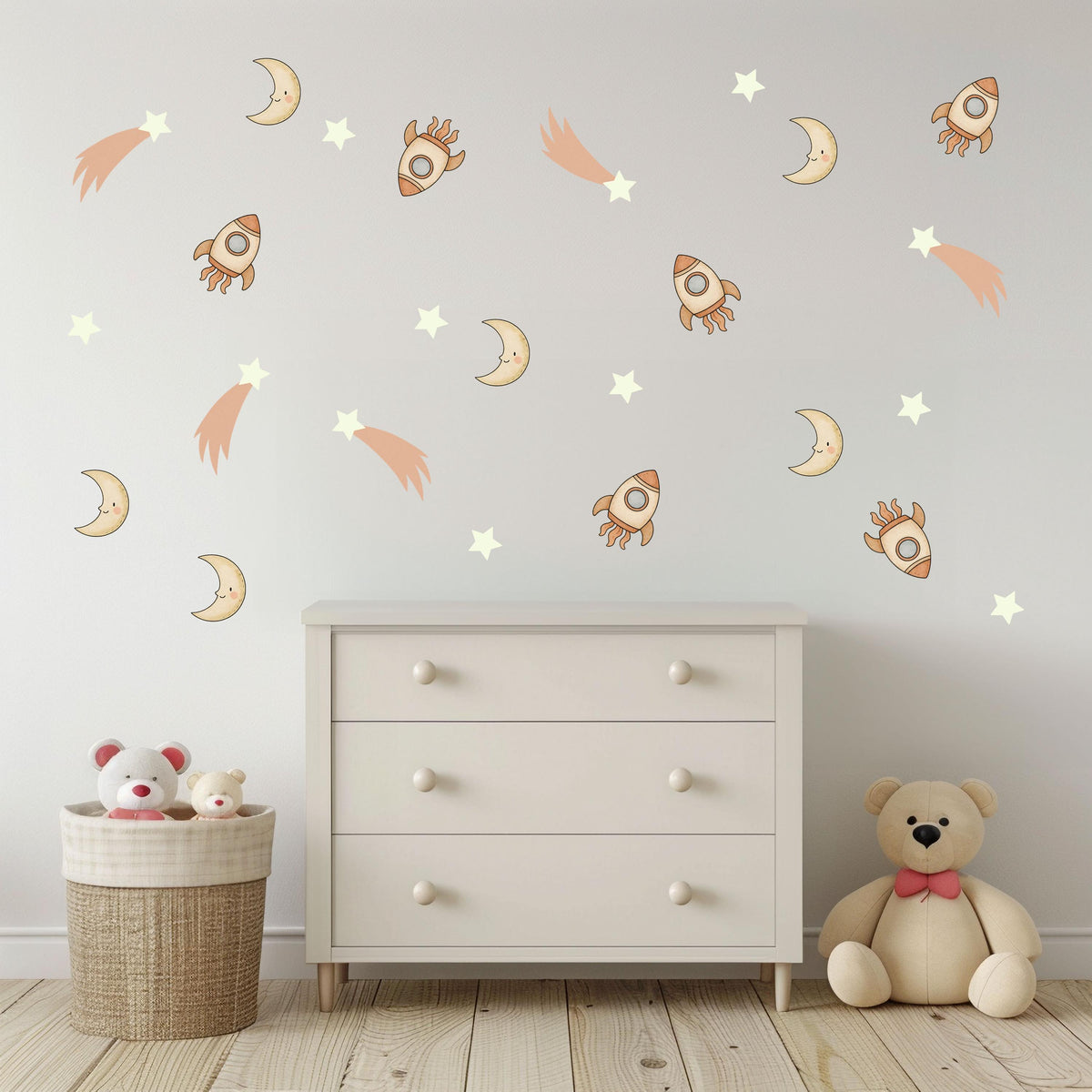 Rocket Wall Stickers, Space Nursery Decor, Moon Star Shooting Star Wall Decals, Boys Kids Room Baby Neutral Peel and Stick Wall Art