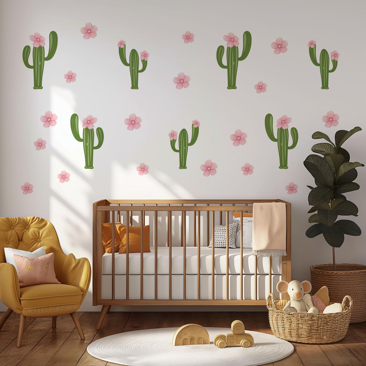 Cactus Wall Stickers, Pink Flower Cactus Nursery Decor, Boho Floral Wall Decals, Girls Kids Room Baby Desert Peel and Stick Wall Art