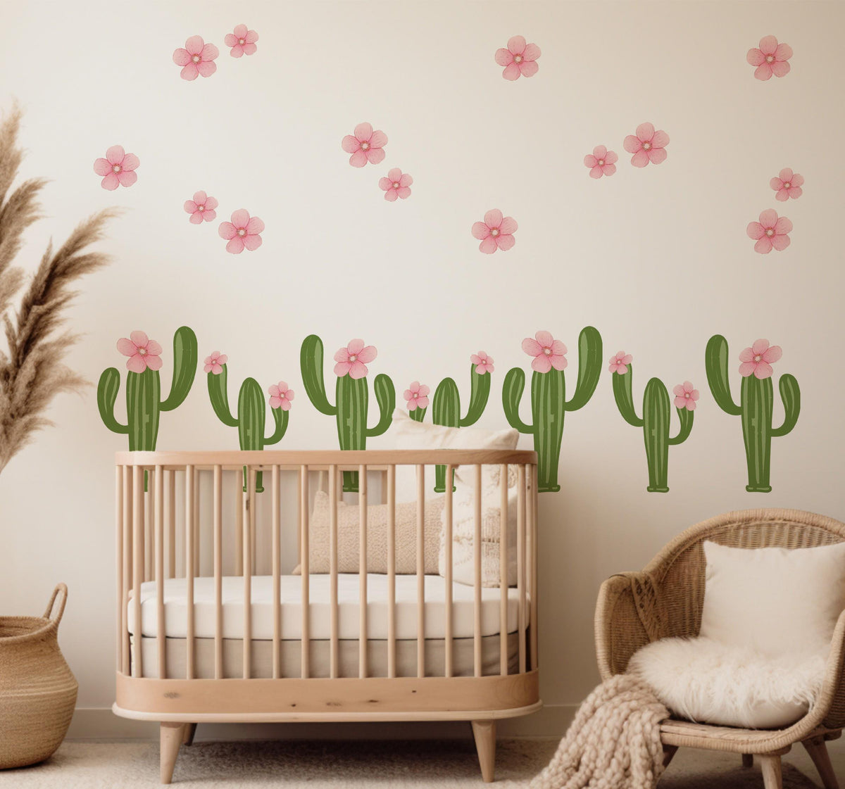 Cactus Wall Stickers, Pink Flower Cactus Nursery Decor, Boho Floral Wall Decals, Girls Kids Room Baby Desert Peel and Stick Wall Art