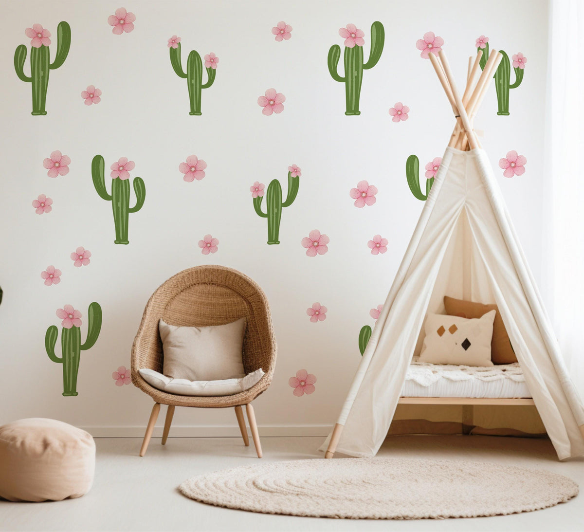 Cactus Wall Stickers, Pink Flower Cactus Nursery Decor, Boho Floral Wall Decals, Girls Kids Room Baby Desert Peel and Stick Wall Art
