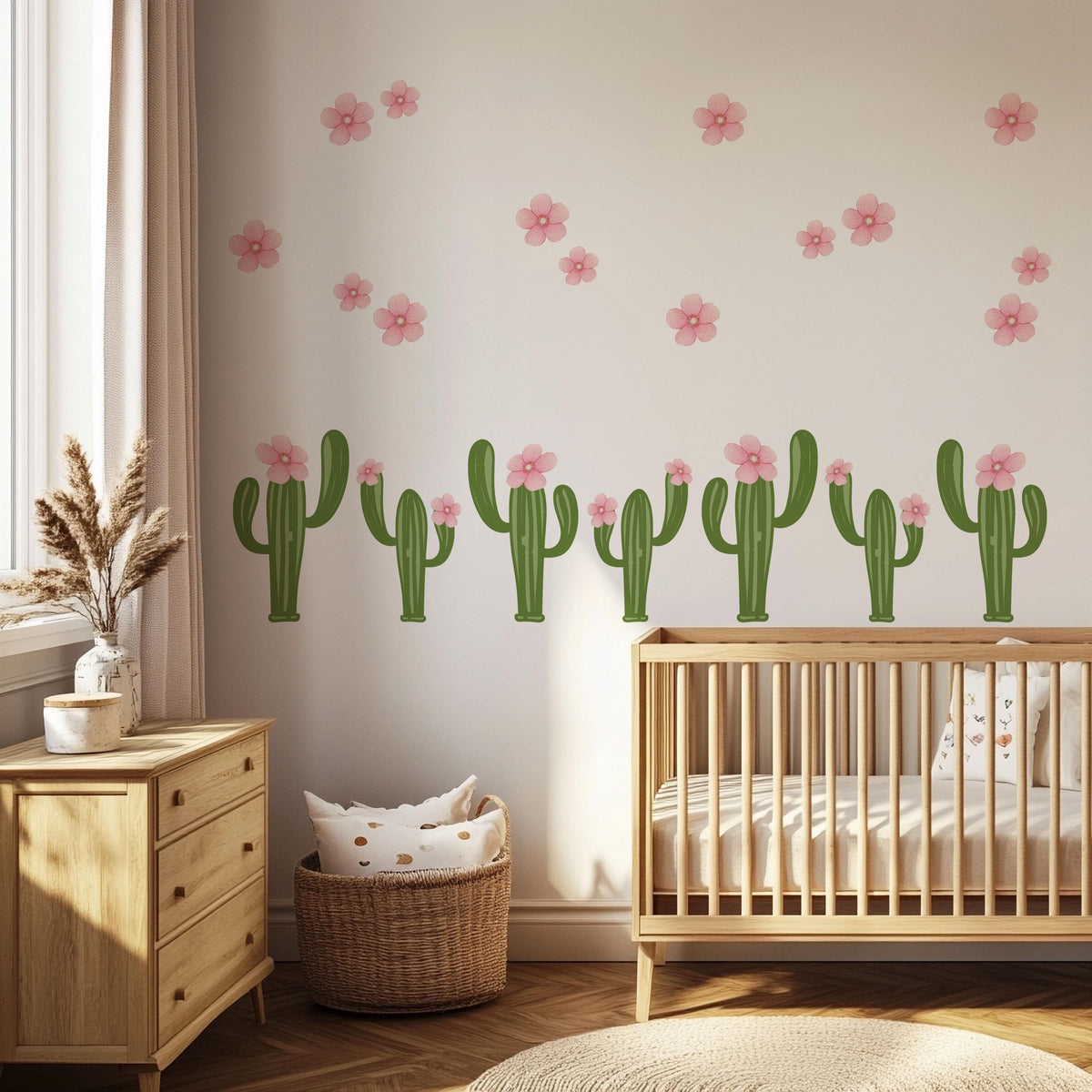 Cactus Wall Stickers, Pink Flower Cactus Nursery Decor, Boho Floral Wall Decals, Girls Kids Room Baby Desert Peel and Stick Wall Art