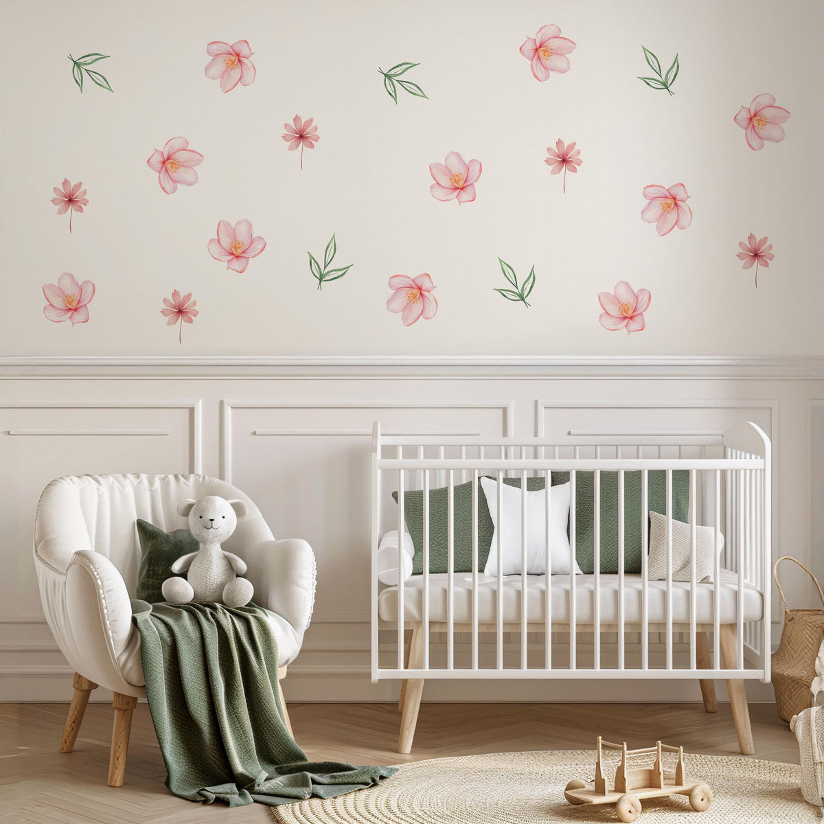 Pink Flower Wall Stickers, Watercolour Floral Nursery Decor, Blossom Leaf Wall Decals, Girls Kids Room Baby Peel and Stick Wall Art
