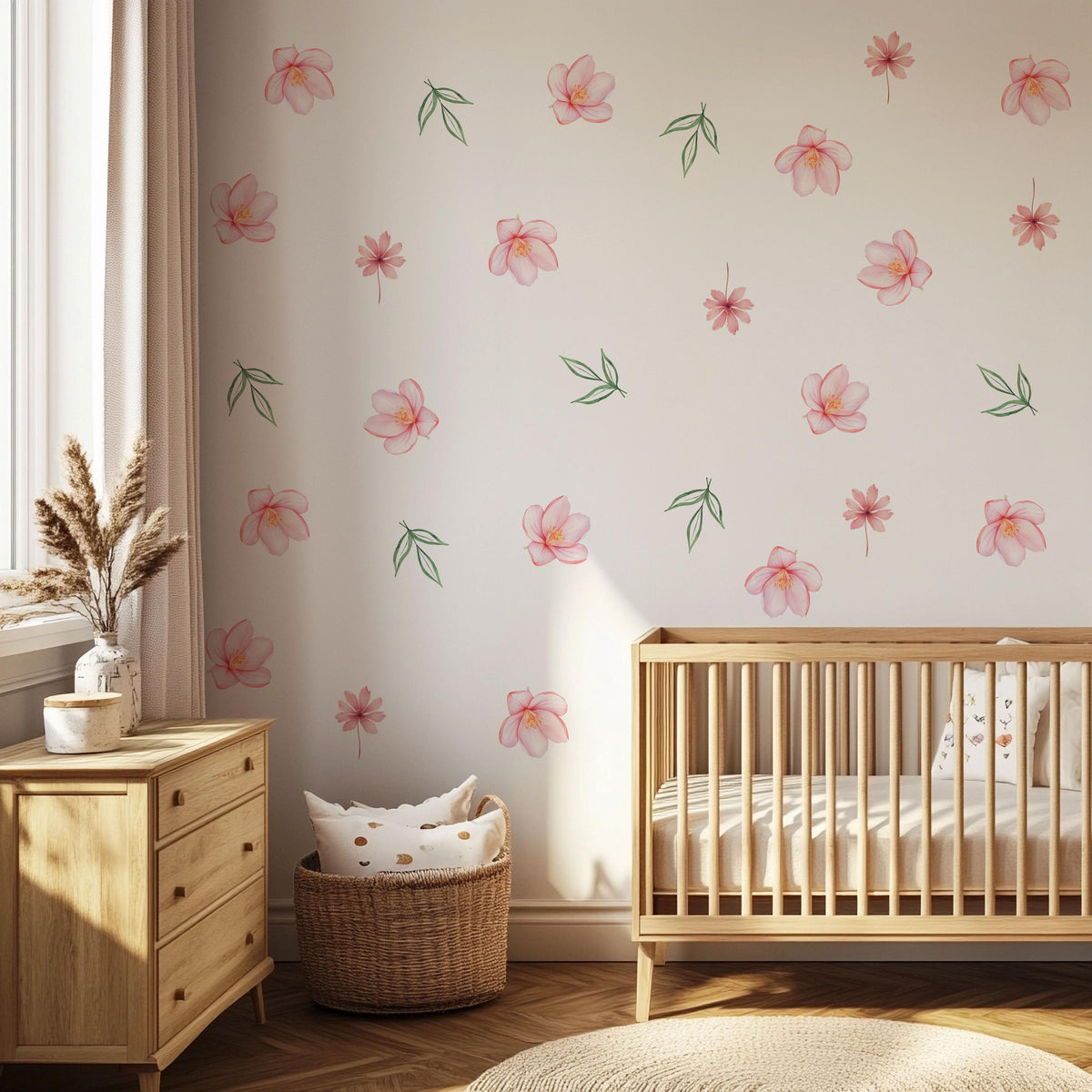 Pink Flower Wall Stickers, Watercolour Floral Nursery Decor, Blossom Leaf Wall Decals, Girls Kids Room Baby Peel and Stick Wall Art